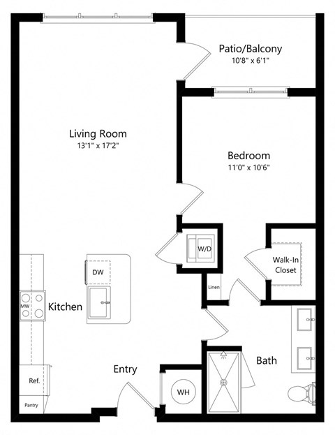 Floor plan for 1 bed, 1 bath, 823 sqft